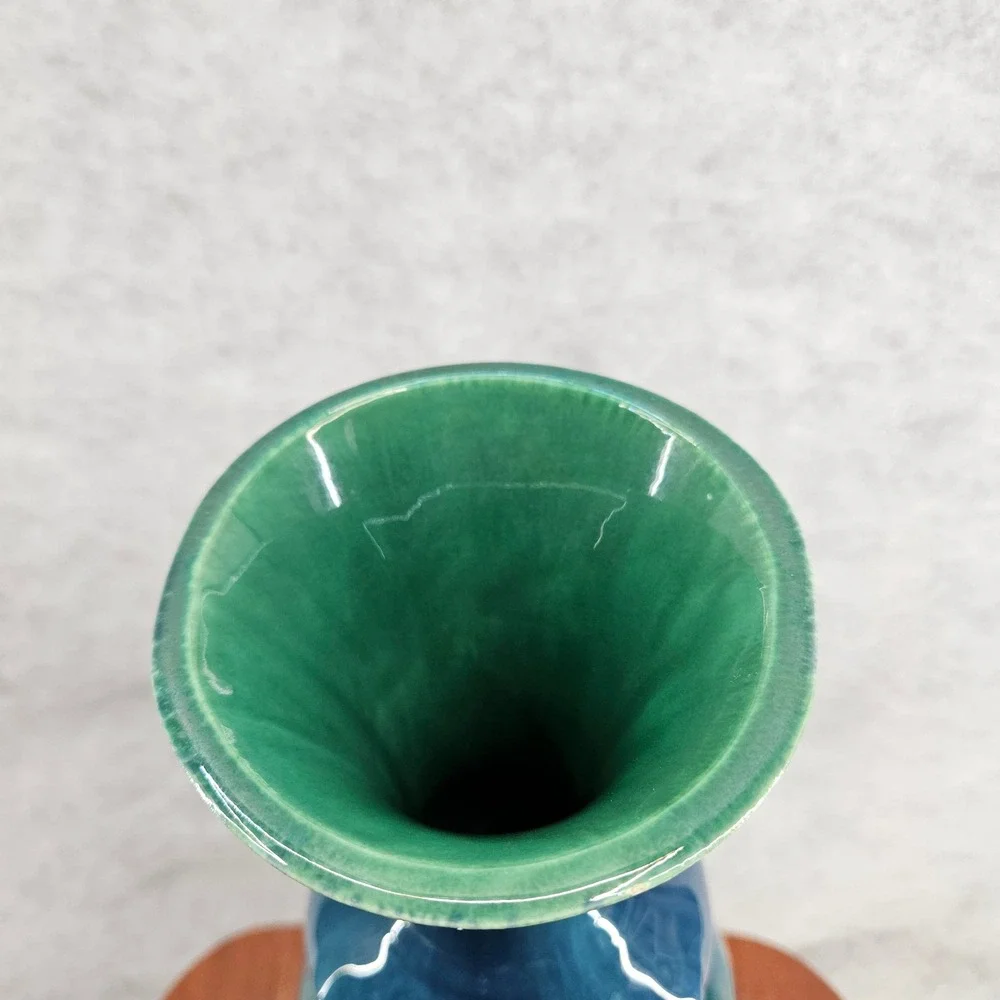 Haeger USA Green‎ Teal Blue Ceramic Vase Raised Floral Tree Design 15